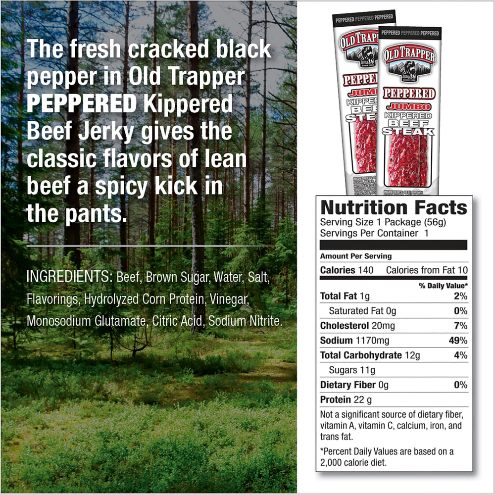 Old Trapper Peppered kippered steak close-up showing smoky aroma and bold flavor
