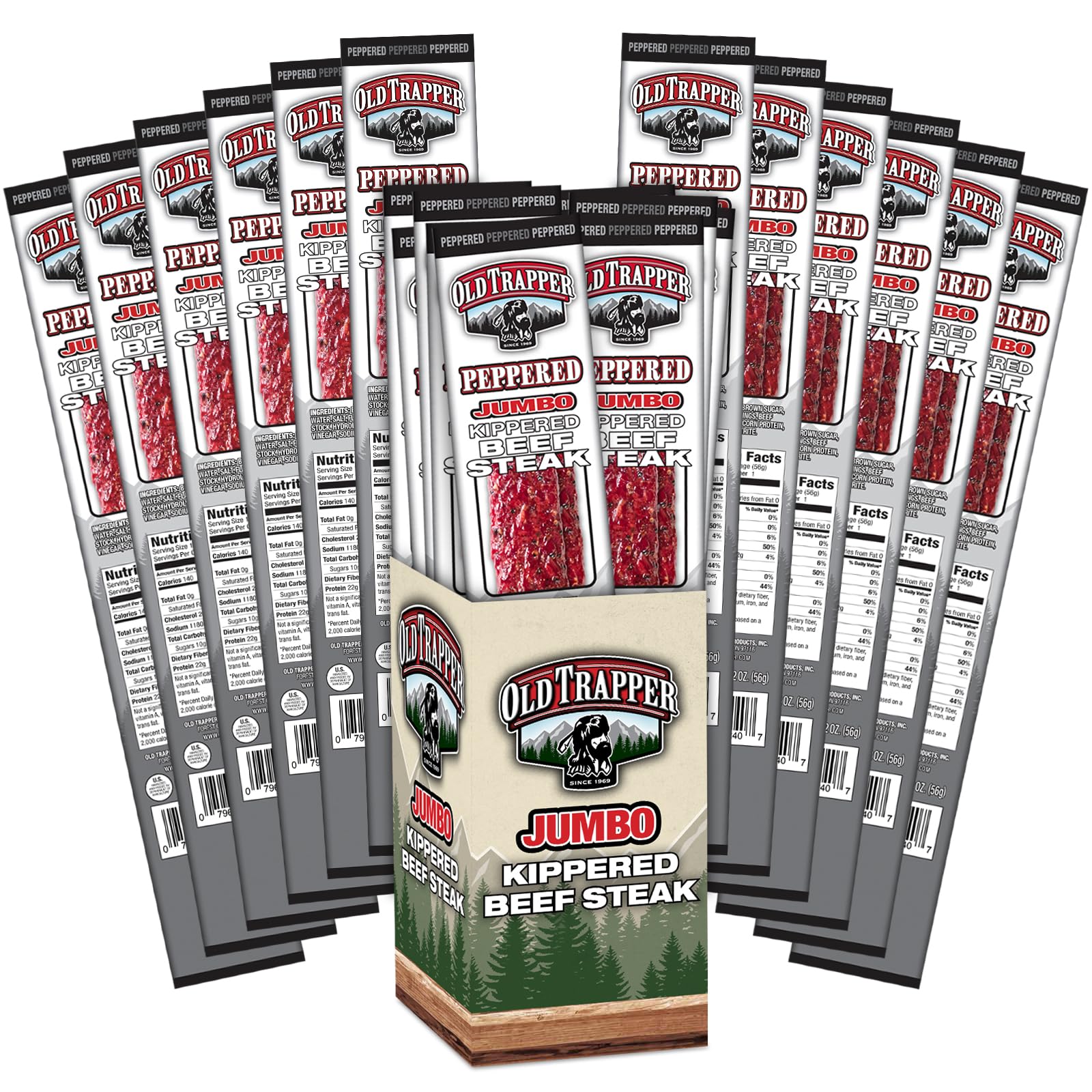 Old Trapper kippered steak peppered pack with convenient 2-ounce portions for on-the-go protein