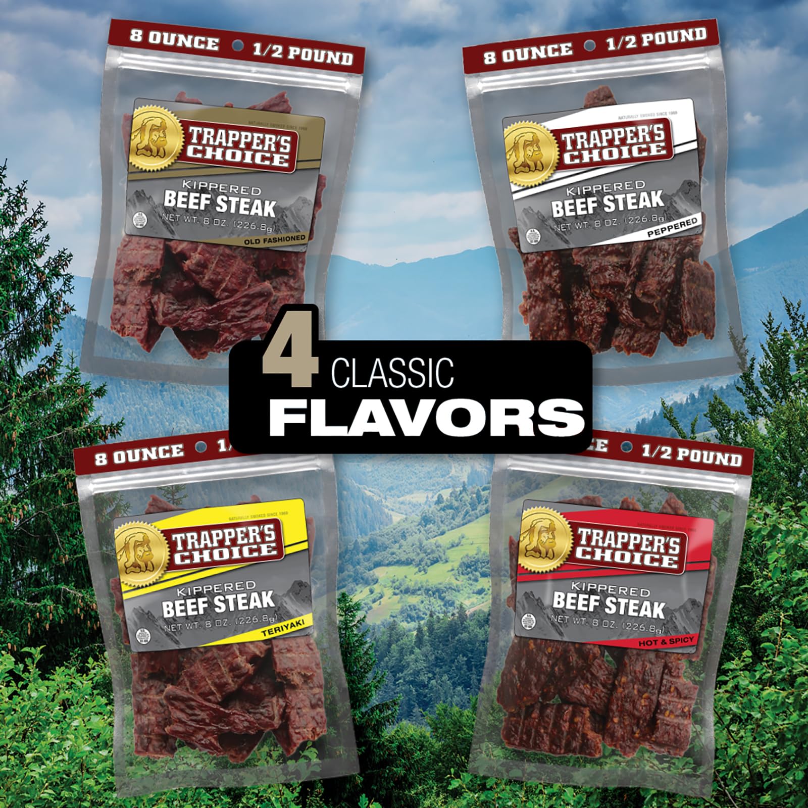 Old Trapper nutrition facts panel indicating protein and calories per serving