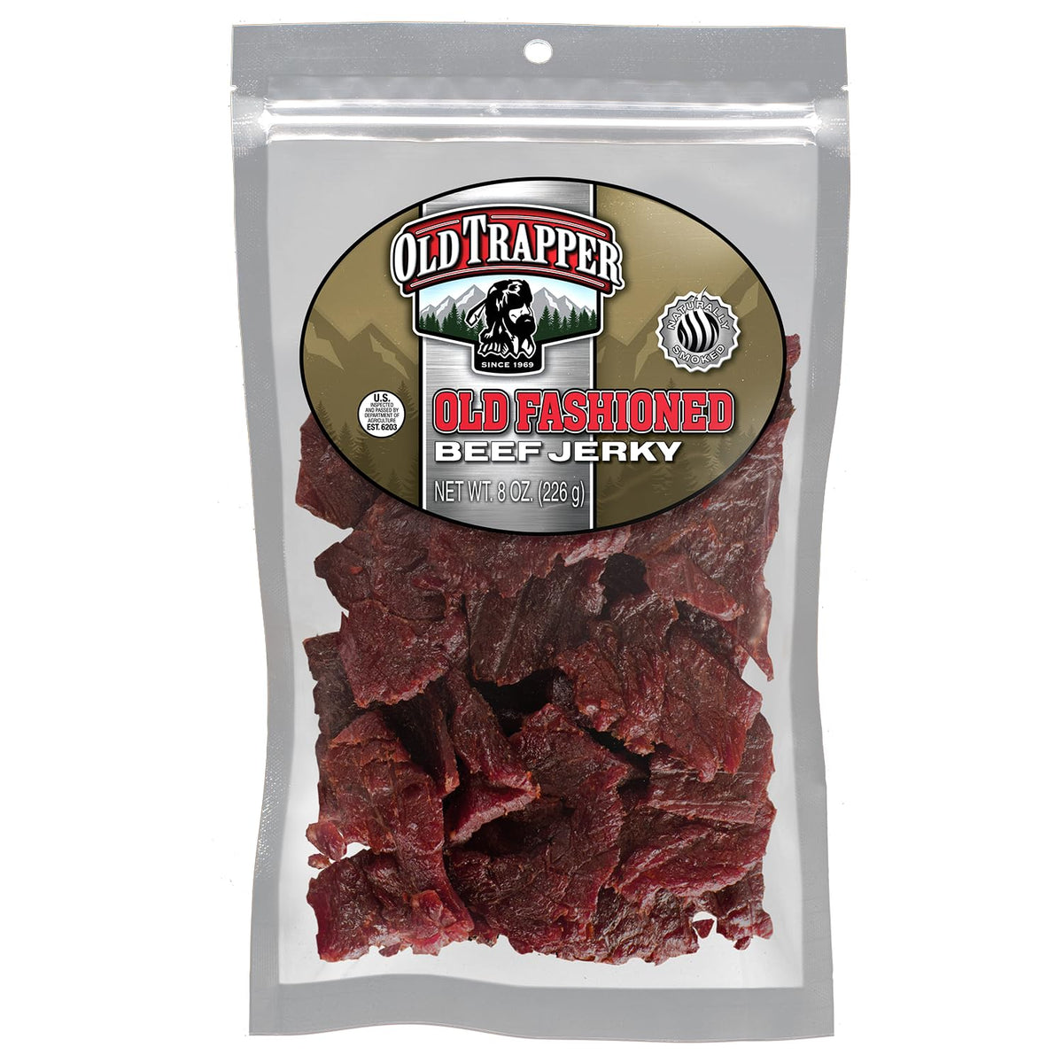 Old Trapper Old-Fashioned Beef Jerky in a resealable bag offers on-the-go protein.