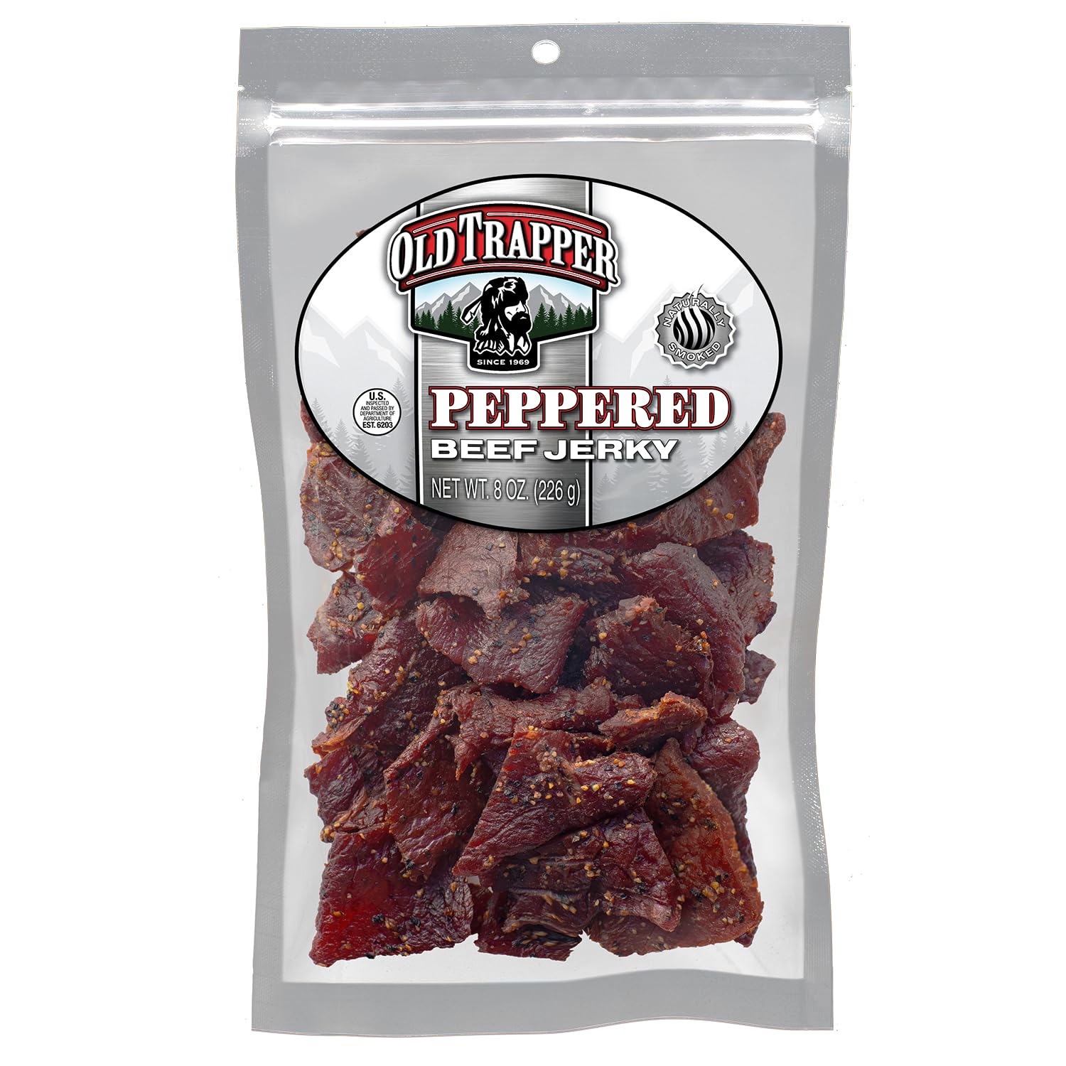 Old Trapper peppered beef jerky bag showing bold pepper coverage for a protein-rich snack