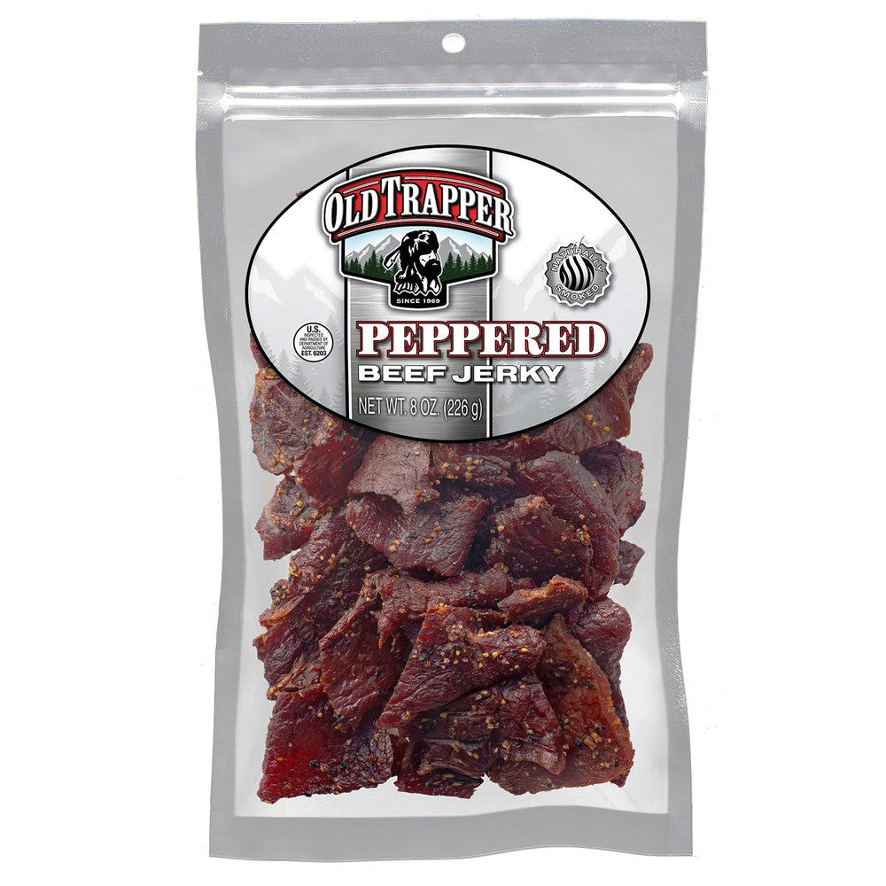 Old Trapper peppered beef jerky bag showing bold pepper coverage for a protein-rich snack