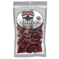 Old Trapper peppered beef jerky bag showing bold pepper coverage for a protein-rich snack