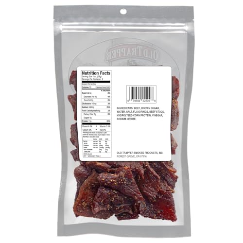 Old Trapper peppered beef jerky slices with visible pepper for quick bites