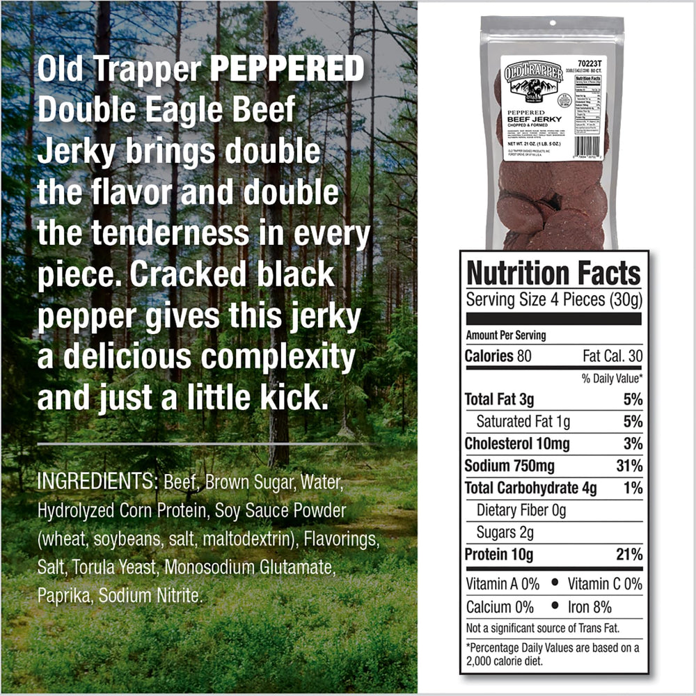Old Trapper Peppered Double Eagle jerky slices close-up highlighting pepper and chewy texture.