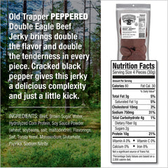 Old Trapper Peppered Double Eagle jerky slices close-up highlighting pepper and chewy texture.
