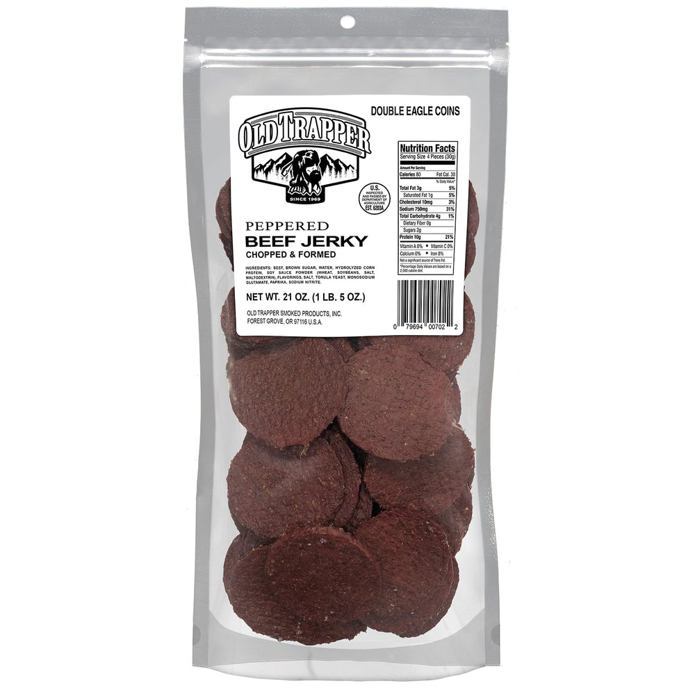 Old Trapper Peppered Double Eagle beef jerky bag, real wood smoked for bold flavor on the go.