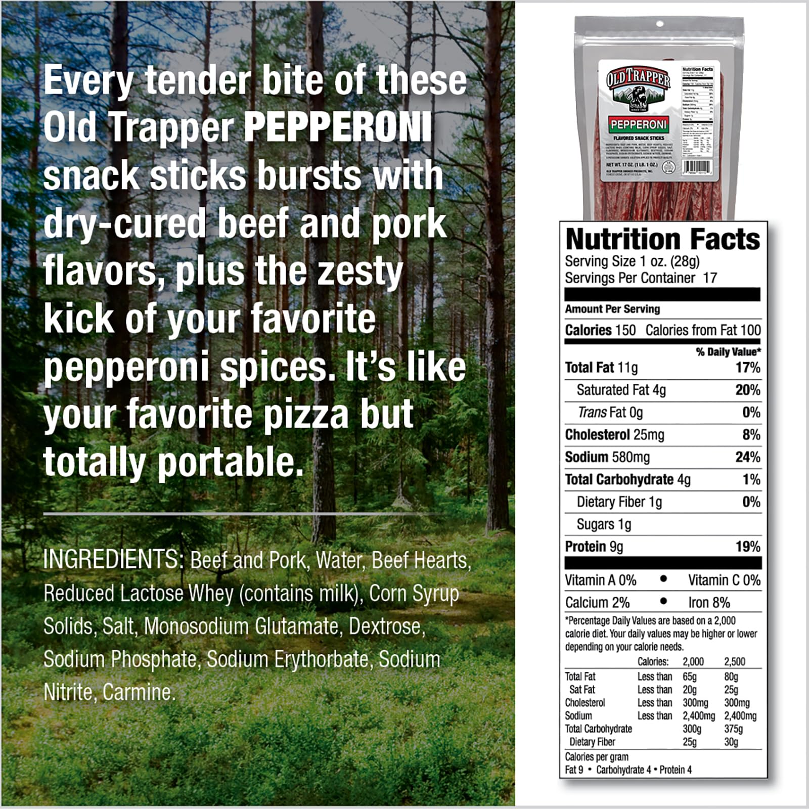 Close-up of Old Trapper Pepperoni Snack Sticks, smoky flavor ready to enjoy.
