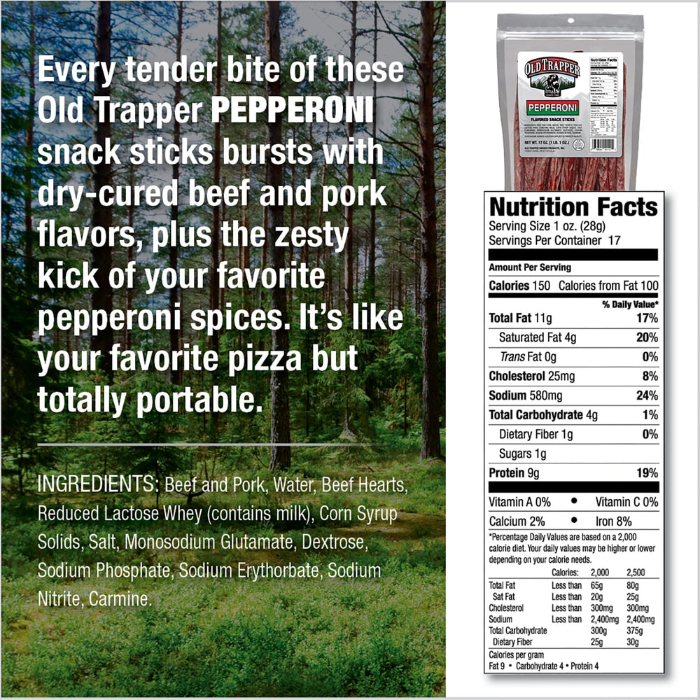 Close-up of Old Trapper Pepperoni Snack Sticks, smoky flavor ready to enjoy.