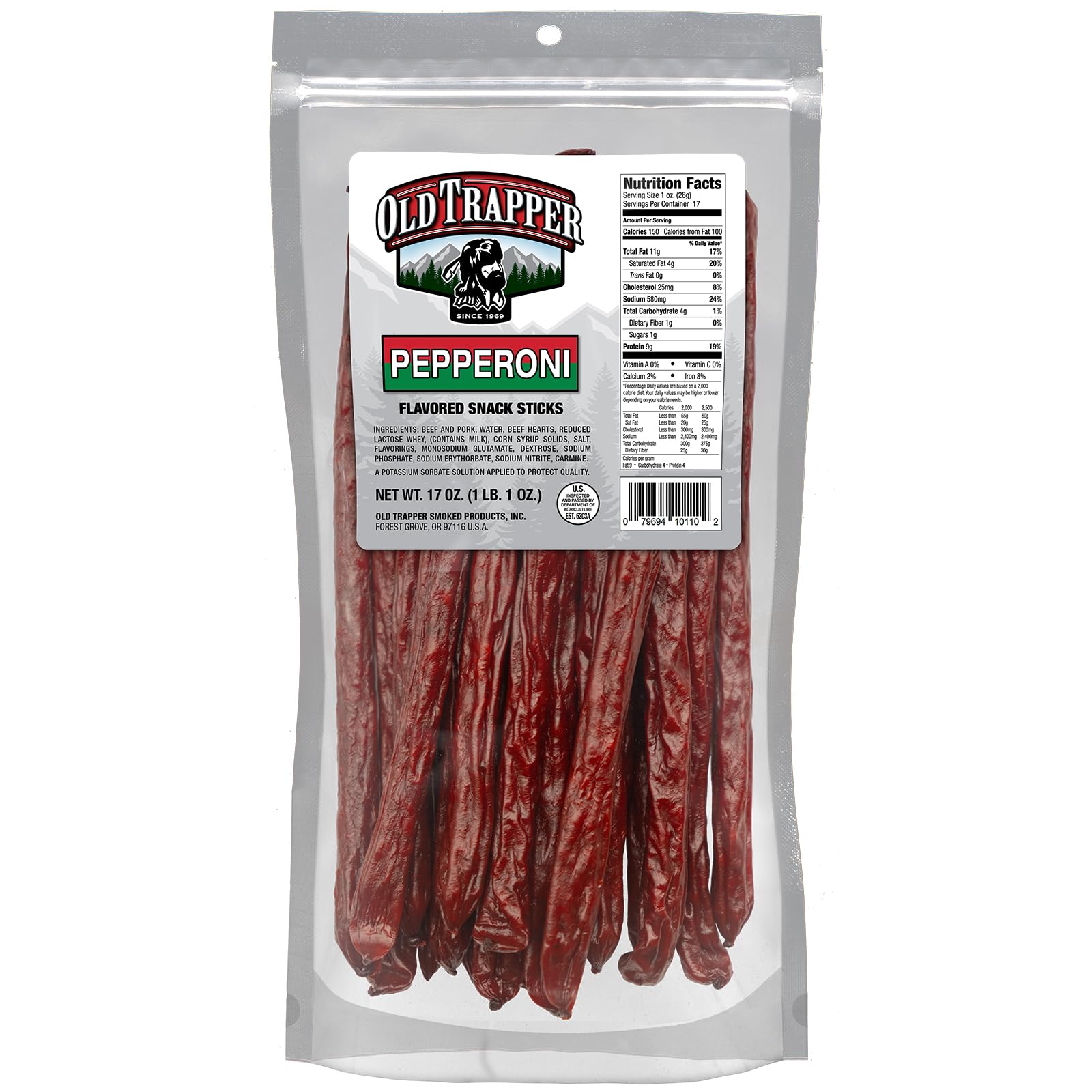 Old Trapper Pepperoni Snack Sticks packaging, portable protein snack.