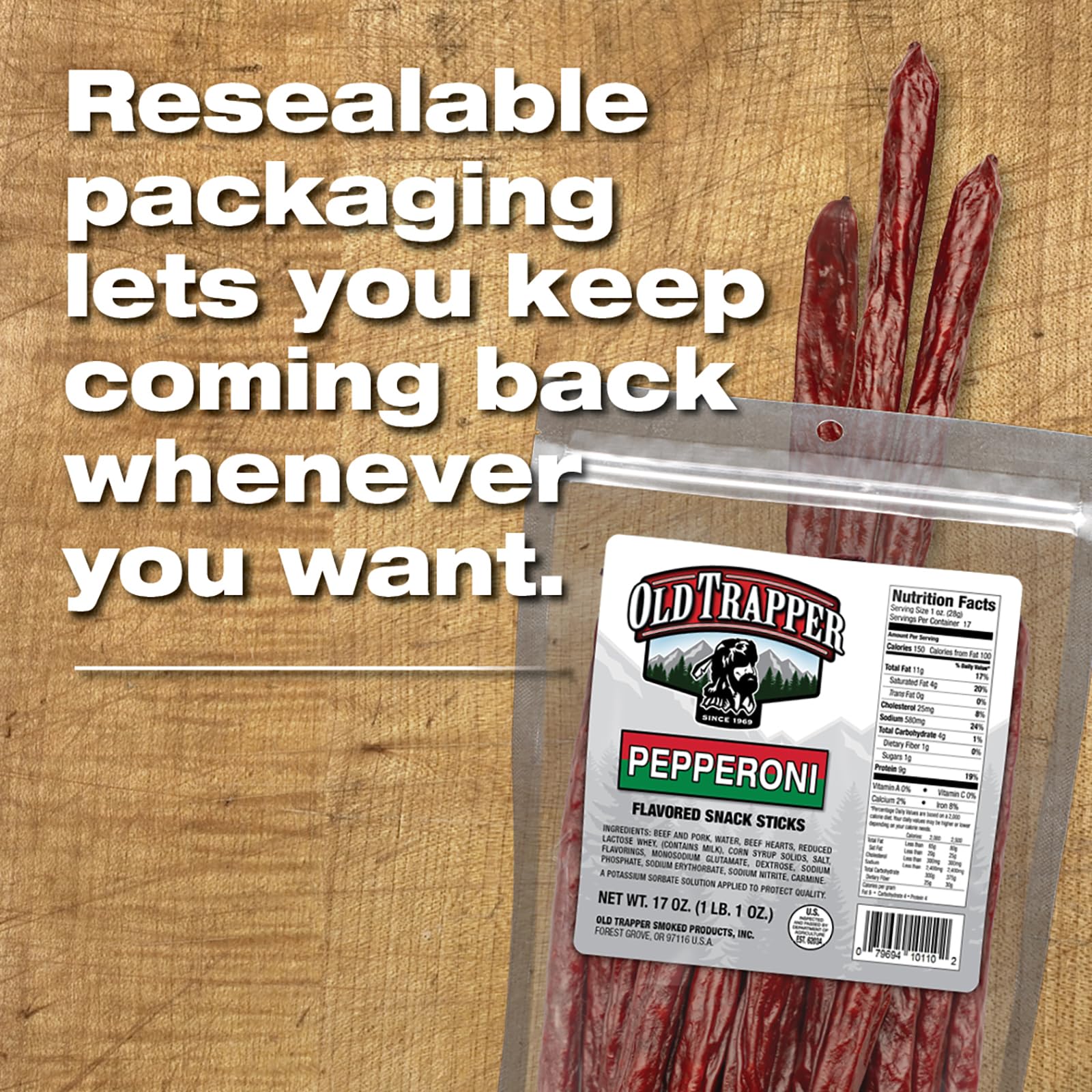 Pantry shelf with Old Trapper Pepperoni Snack Sticks, long-lasting snack.