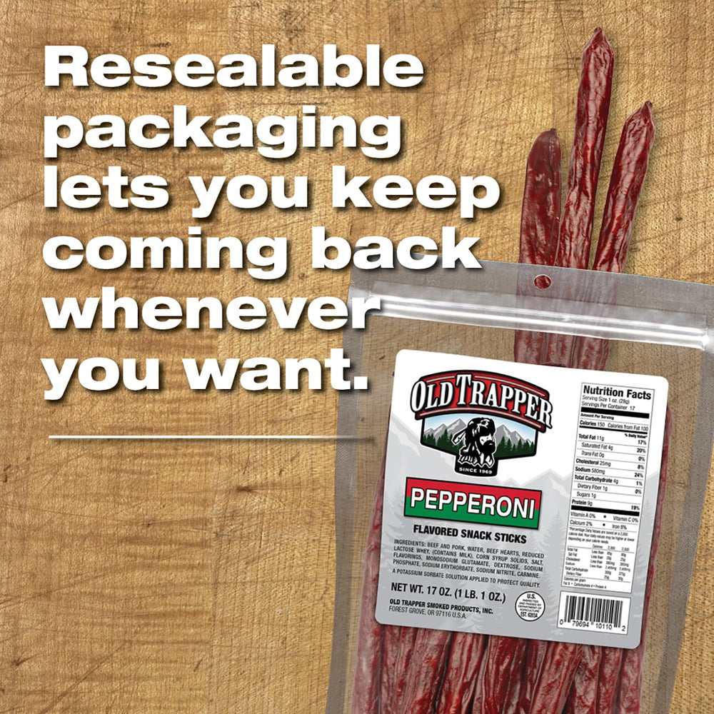 Pantry shelf with Old Trapper Pepperoni Snack Sticks, long-lasting snack.