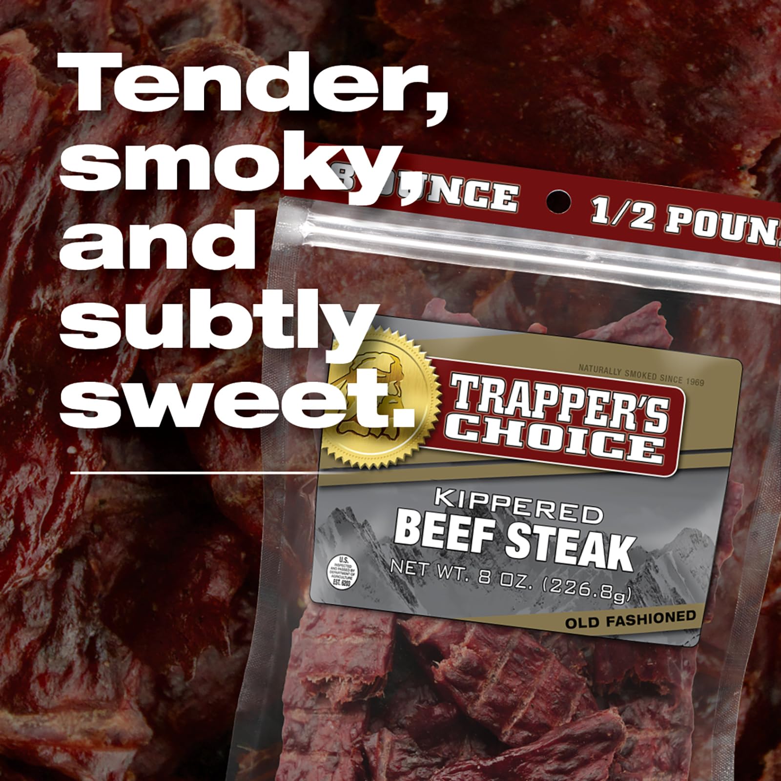 Old Trapper resealable package preserving freshness for later snacking