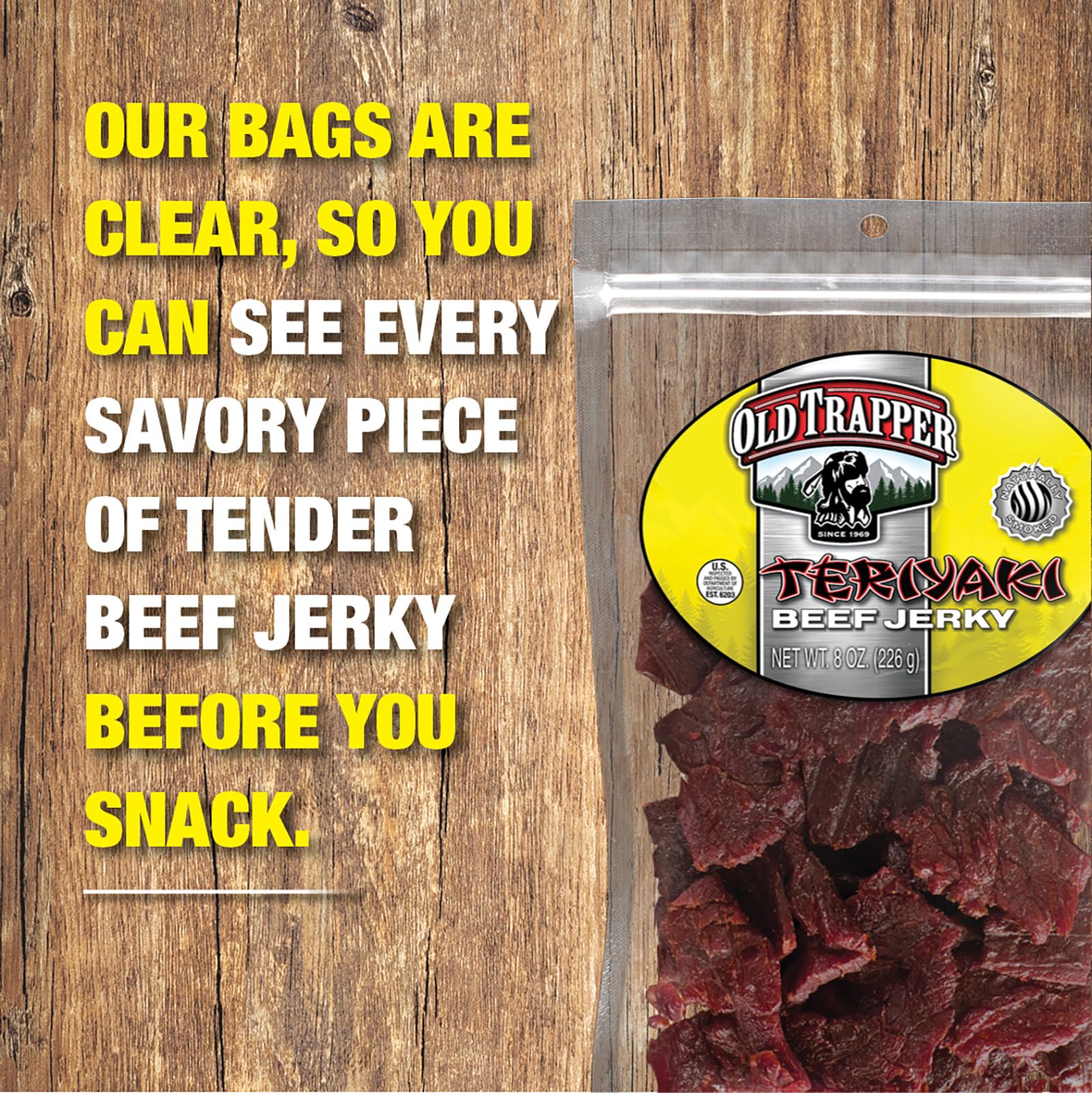 Old Trapper jerky on shelf shows 70 calories per serving.