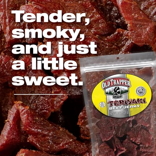 Old Trapper Teriyaki beef jerky nutrition label featuring 11g protein.