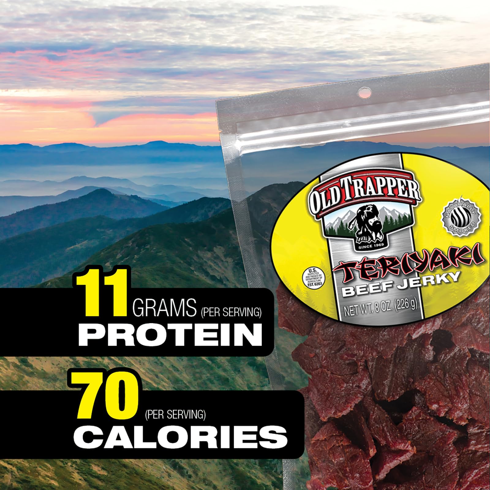 Old Trapper jerky enjoyed during outdoor hiking or lunch.