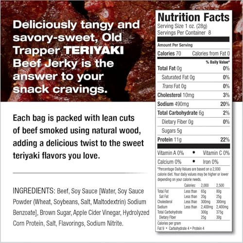 Old Trapper Teriyaki Beef Jerky resealable bag retaining freshness.