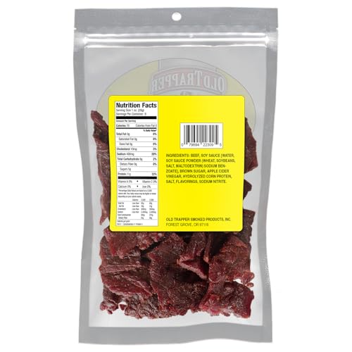 Old Trapper Teriyaki jerky slices close-up highlighting tender texture.