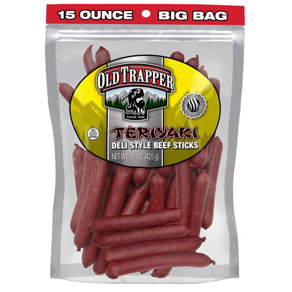 Old Trapper teriyaki deli-style beef sticks in a 15-ounce bag for on-the-go snacking.