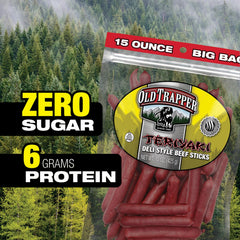 Front view of Old Trapper Teriyaki deli-style beef sticks packaging.