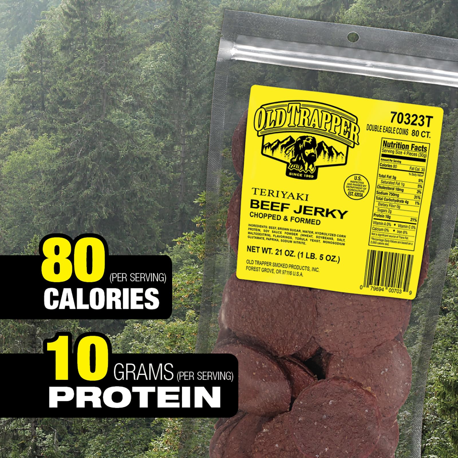 Old Trapper jerky close-up showing smoky texture and teriyaki glaze