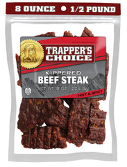 Old Trapper Trapper's Choice hot spicy kippered beef steak 8oz package with bold flavor and protein