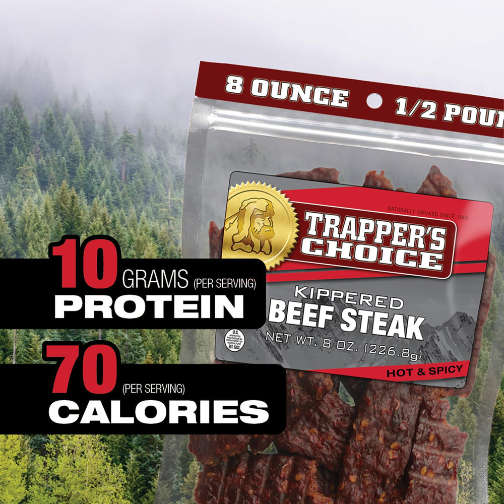 Old Trapper resealable 8oz package preserving freshness for later snacking