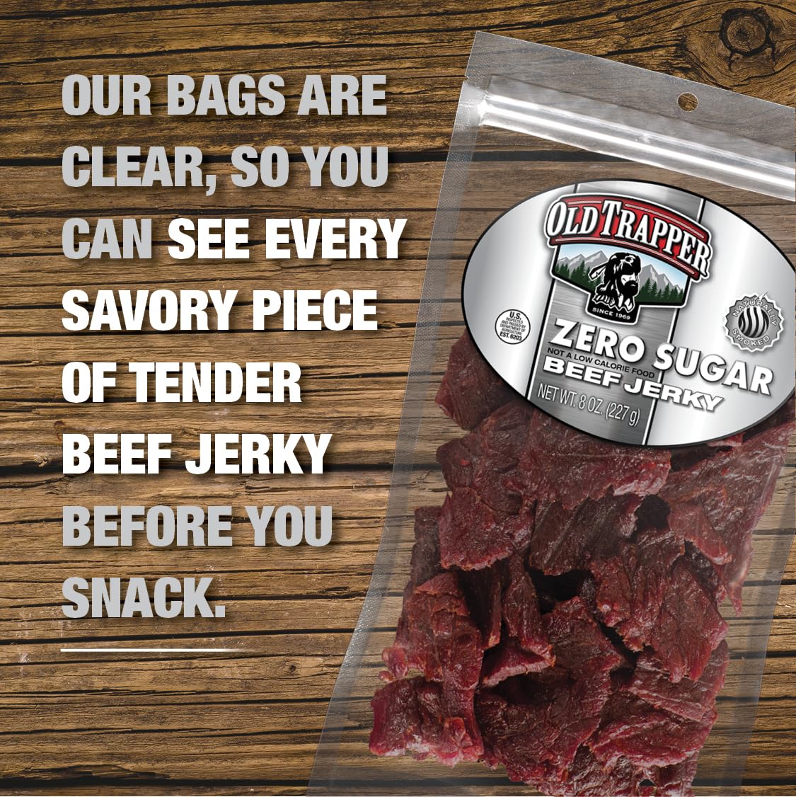 Old Trapper Jerky nutrition panel highlights 14g protein per serving.