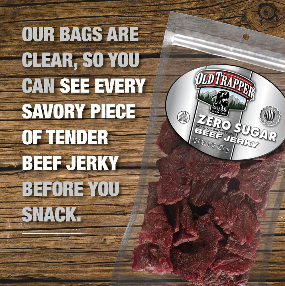 Old Trapper Jerky nutrition panel highlights 14g protein per serving.