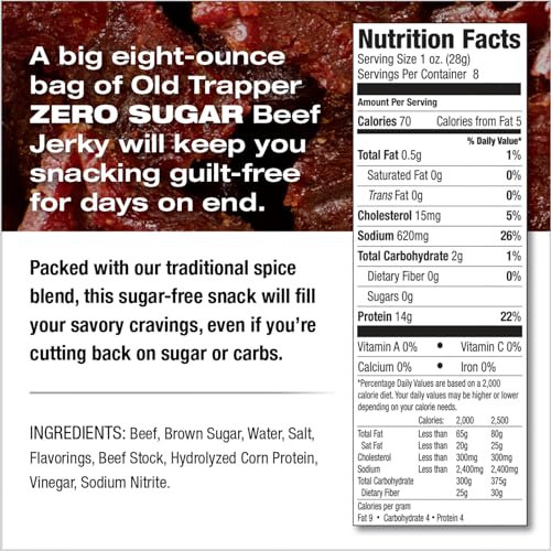 Old Trapper Zero Sugar Beef Jerky packaging shows eight-ounce size and sugar-free claim.