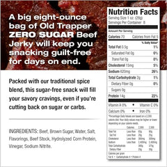 Old Trapper Zero Sugar Beef Jerky packaging shows eight-ounce size and sugar-free claim.