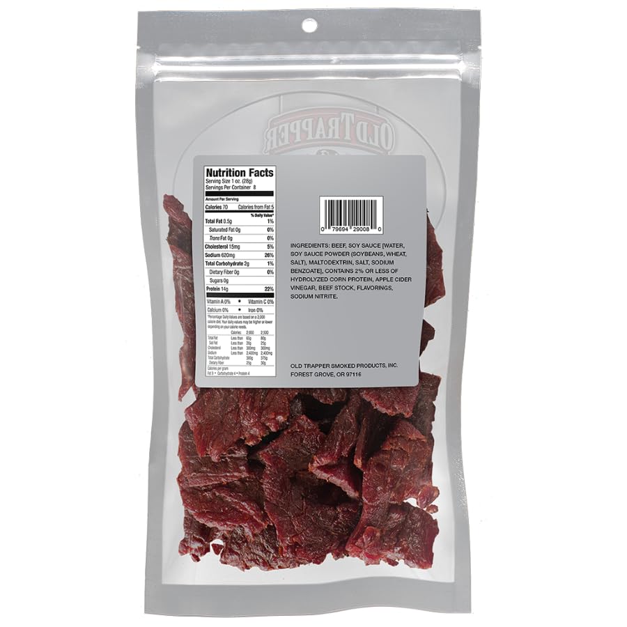 Old Trapper Zero Sugar Beef Jerky slices close-up, highlighting natural wood-smoked flavor.
