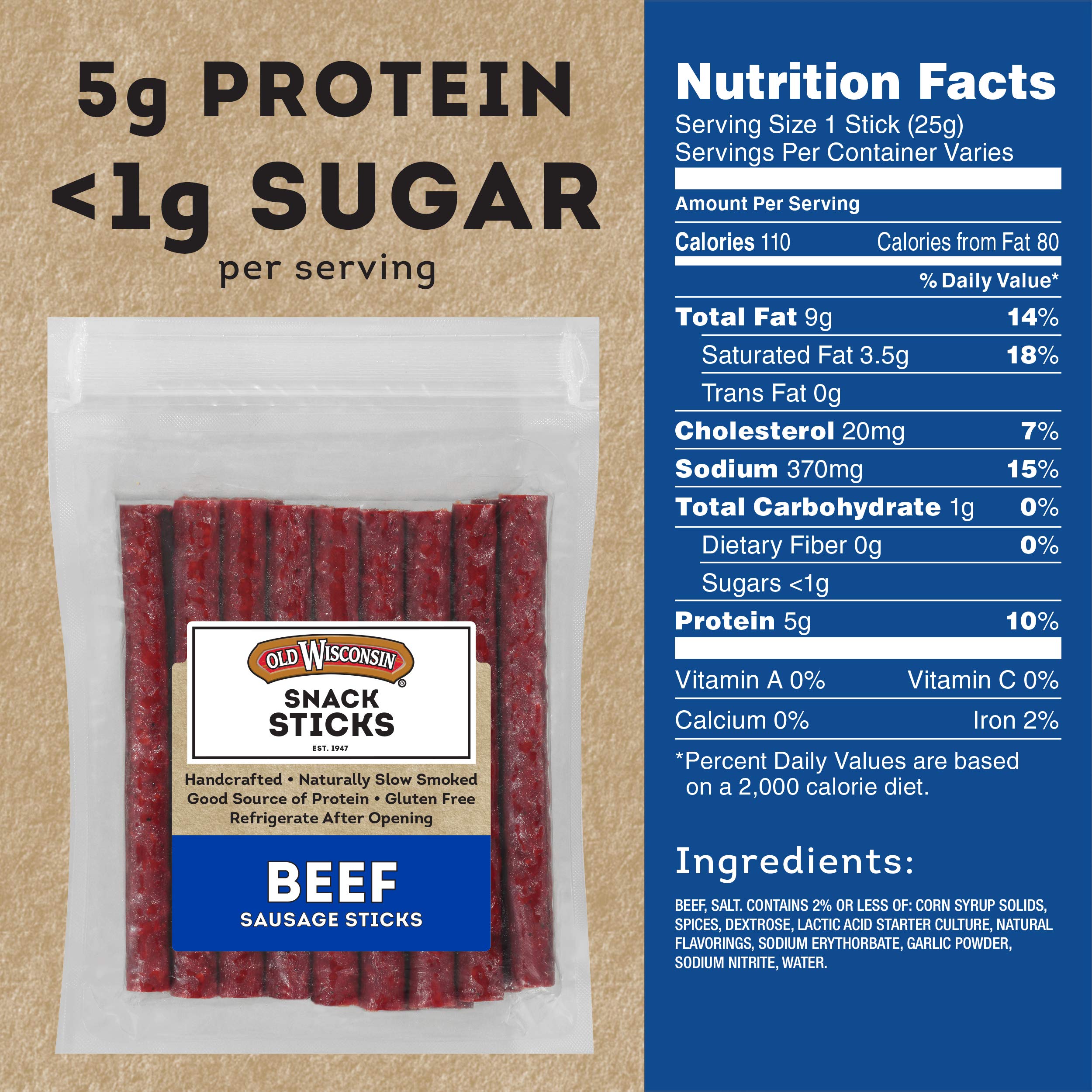 Closeup of Old Wisconsin beef snack sticks with smoky finish enhances flavor