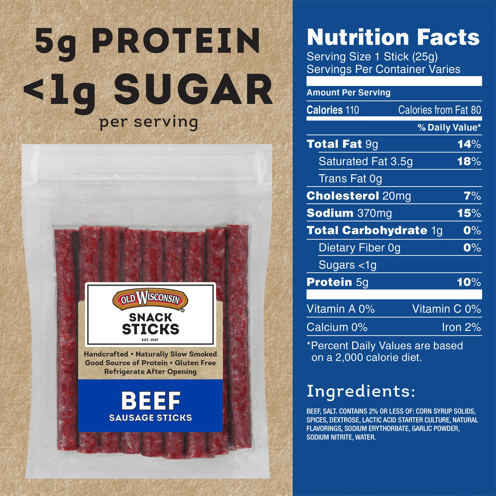Closeup of Old Wisconsin beef snack sticks with smoky finish enhances flavor