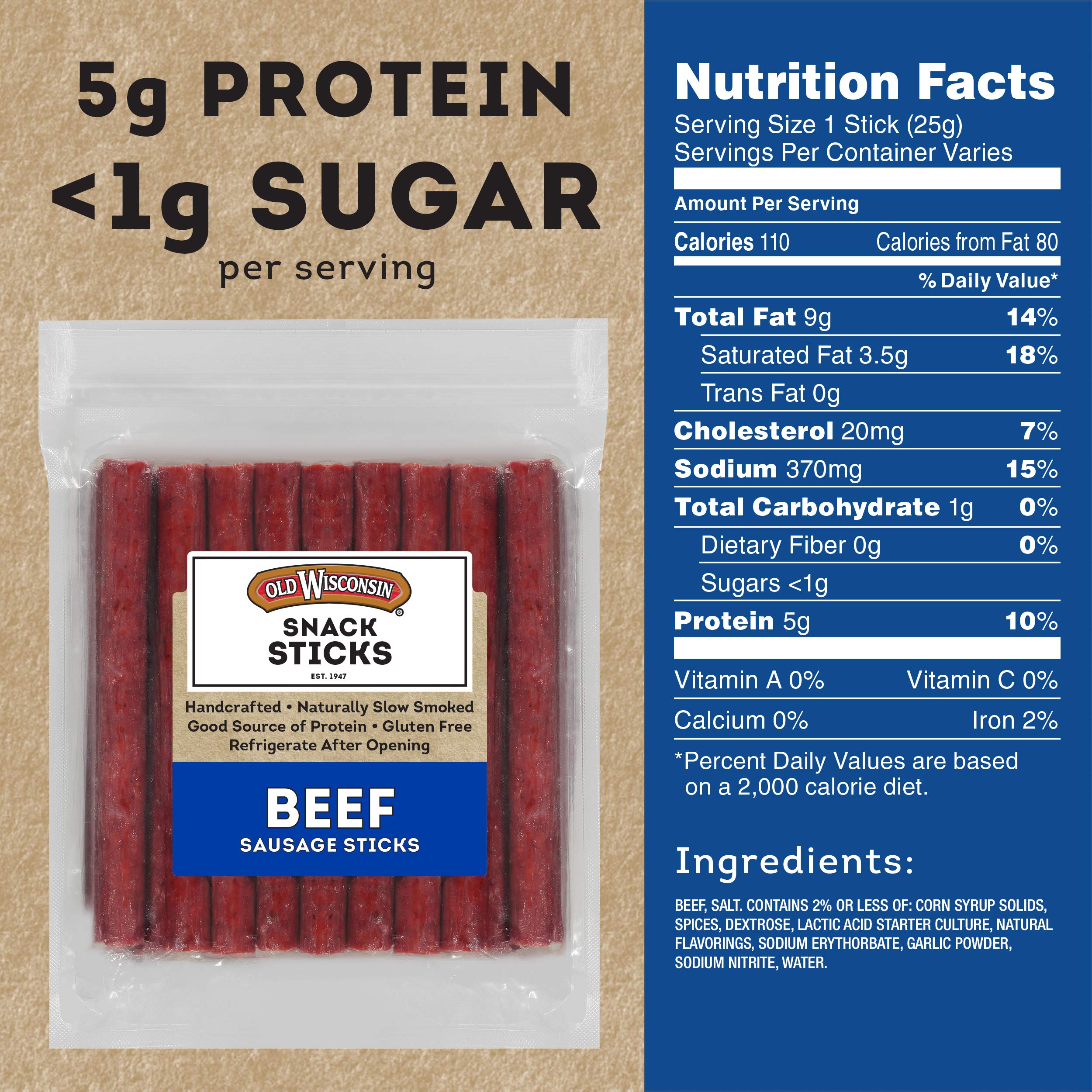 Old Wisconsin beef snack sticks close-up showing premium meat and spices.