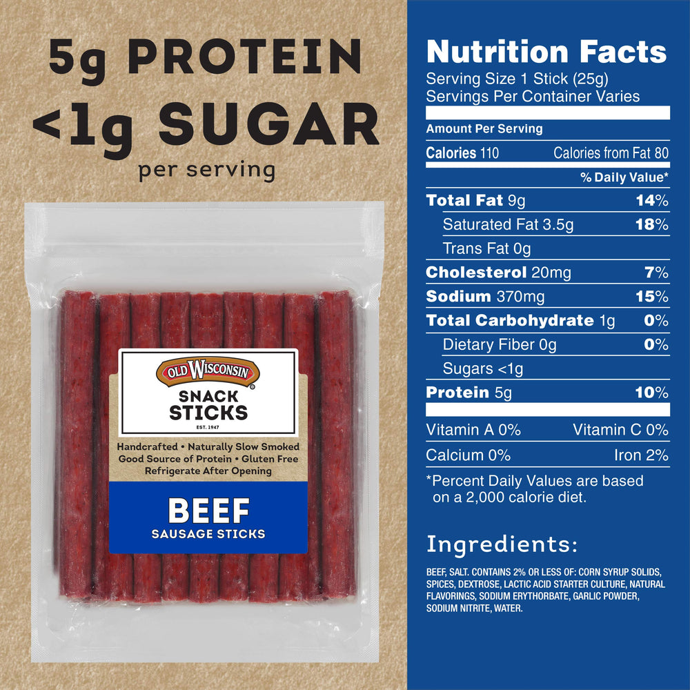 Old Wisconsin beef snack sticks close-up showing premium meat and spices.
