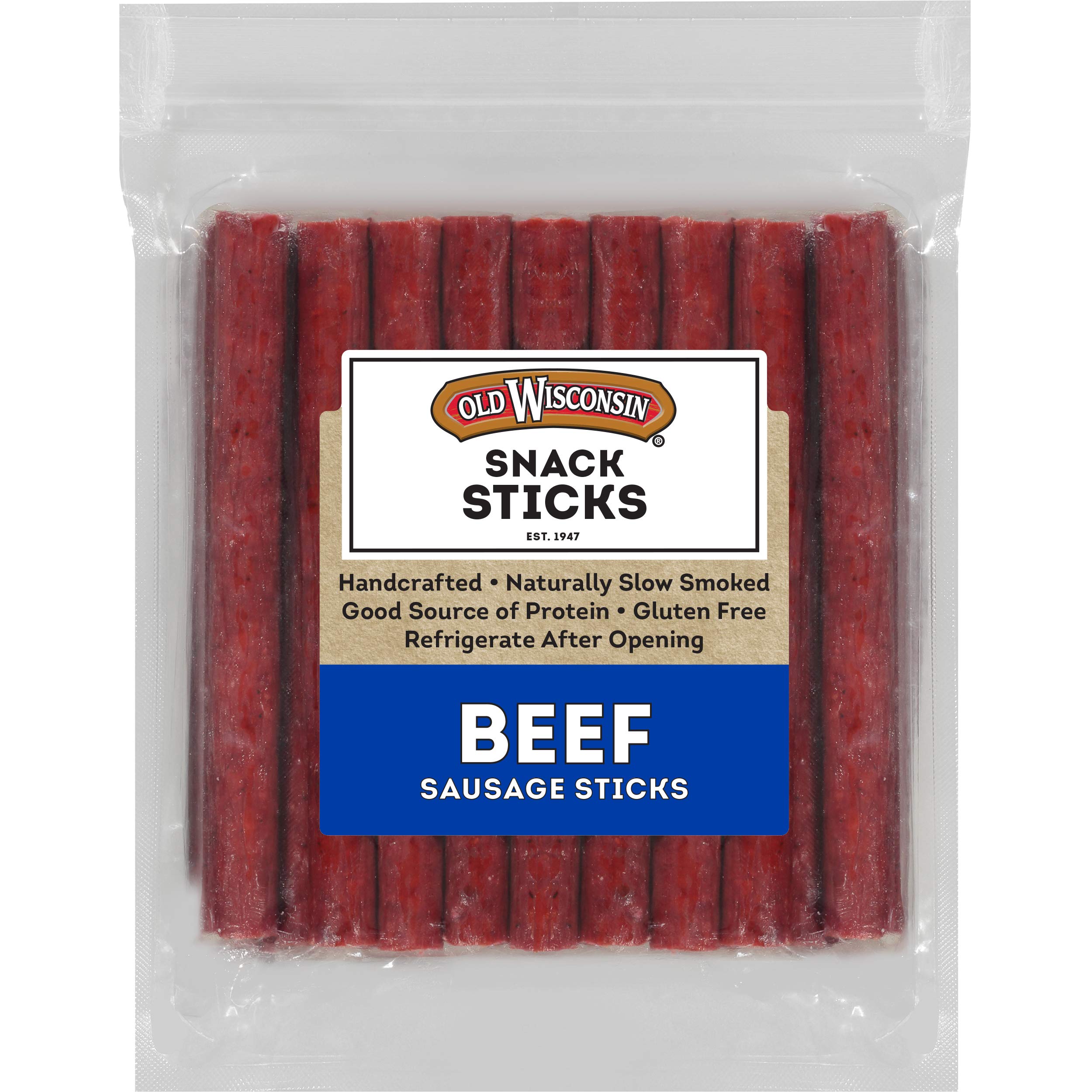 Old Wisconsin beef sausage snack sticks in a resealable package for on-the-go snacking.