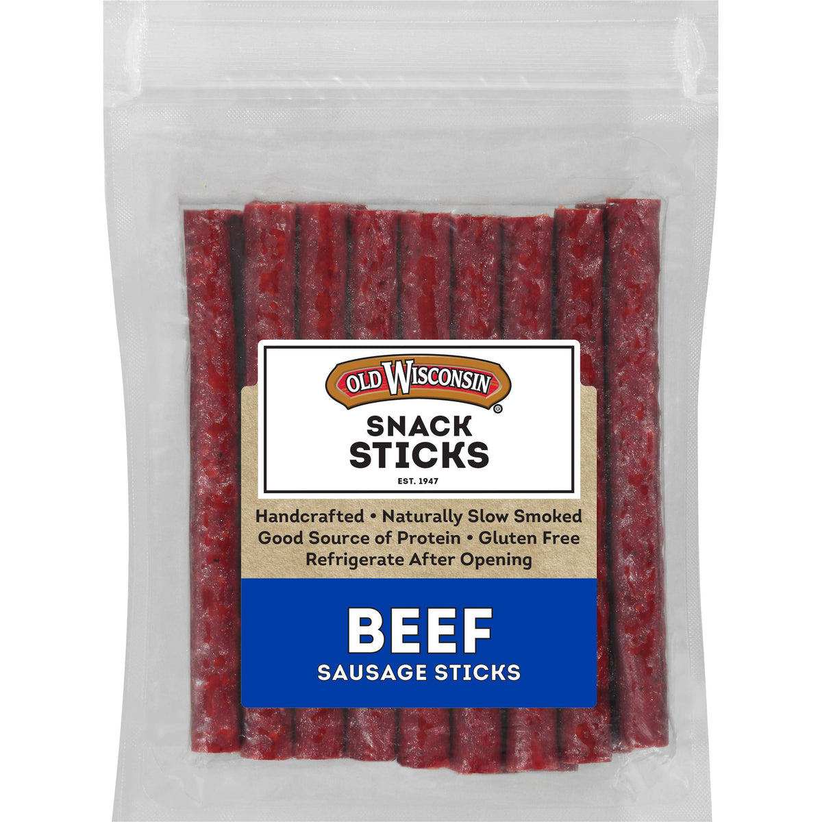 Old Wisconsin beef snack sticks in resealable pack offer portable protein