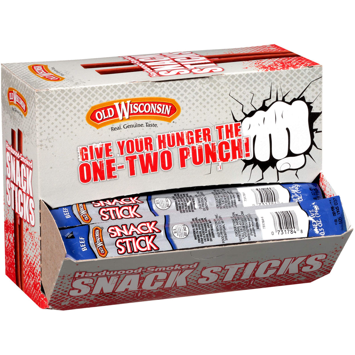 Old Wisconsin Beef Snack Sticks counter box display for easy grab-and-go snacking