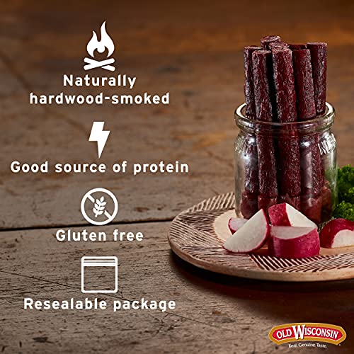 Old Wisconsin Beef Snack Sticks jar close-up highlighting spiced hardwood-smoked flavor