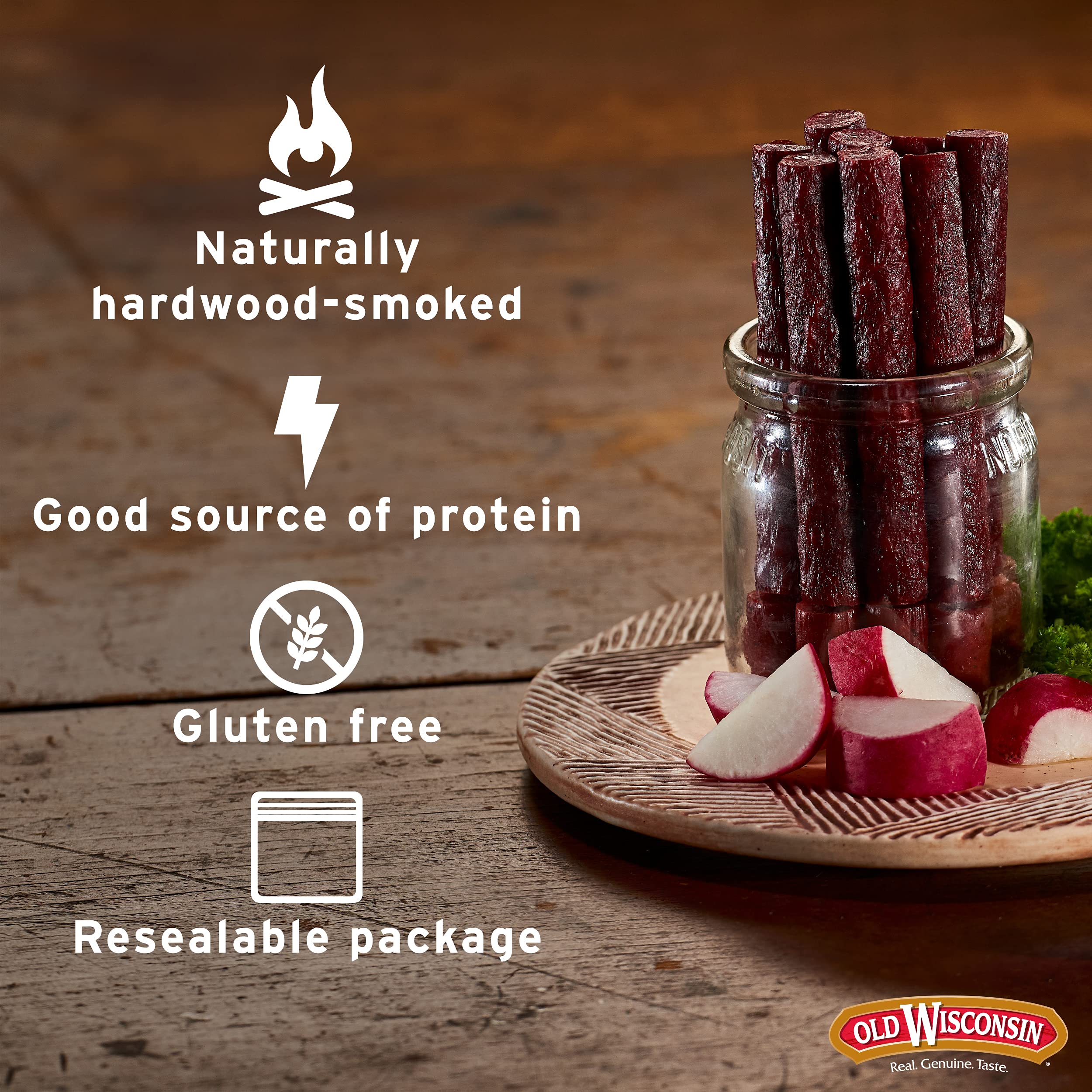 Old Wisconsin Honey Brown Sugar Turkey Sausage Snack Sticks on plate ready-to-eat with balance of sweet and smoky.