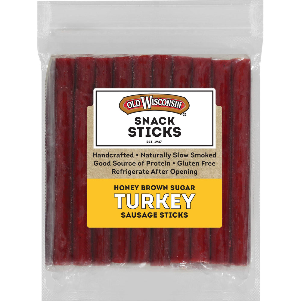 Old Wisconsin Honey Brown Sugar Turkey Sausage Snack Sticks pack closeup highlighting premium meat quality for on-the-go protein.