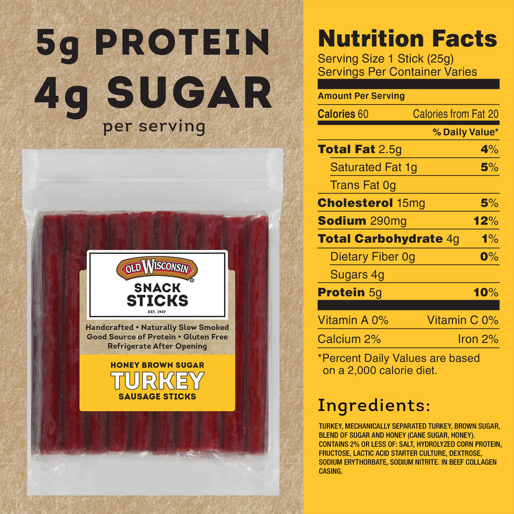 Old Wisconsin Honey Brown Sugar Turkey Sausage Snack Sticks smoked over wood fire for rich, natural flavor.