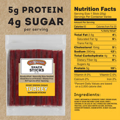 Old Wisconsin Honey Brown Sugar Turkey Sausage Snack Sticks smoked over wood fire for rich, natural flavor.