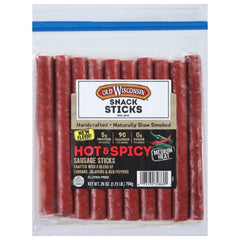 Old Wisconsin hot-spicy sausage sticks in resealable pack for on-the-go protein.