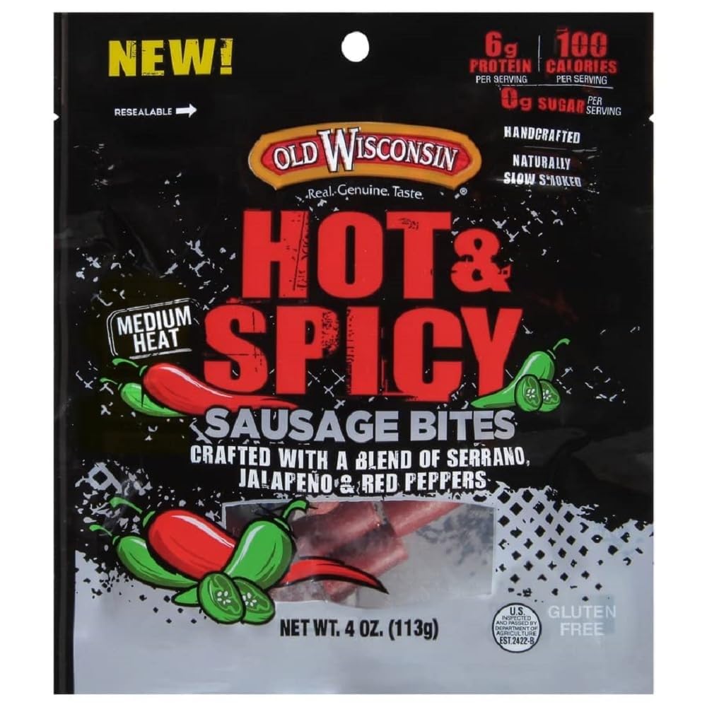 Old Wisconsin Hot & Spicy Snack Bites pack front showing resealable pouch for freshness