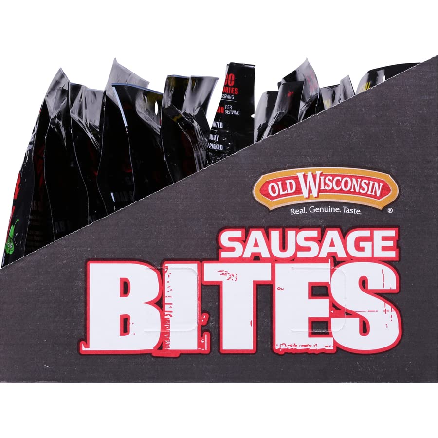 Old Wisconsin Hot & Spicy Snack Bites pack open showing bite-sized sausages