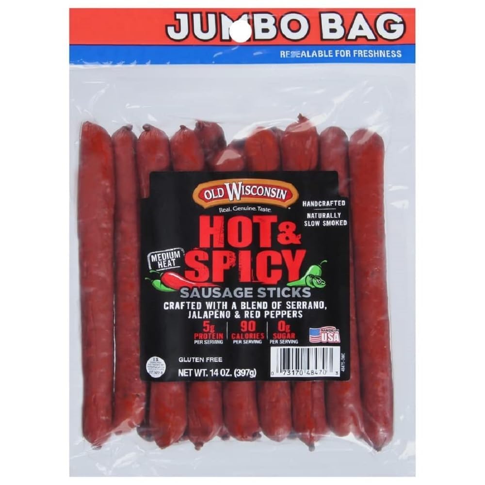 Old Wisconsin Hot & Spicy Twisted Snack Sticks in resealable pack for fresh snacking.