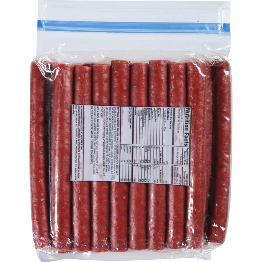 Old Wisconsin resealable pouch opened to reveal premium-cut meat pieces.