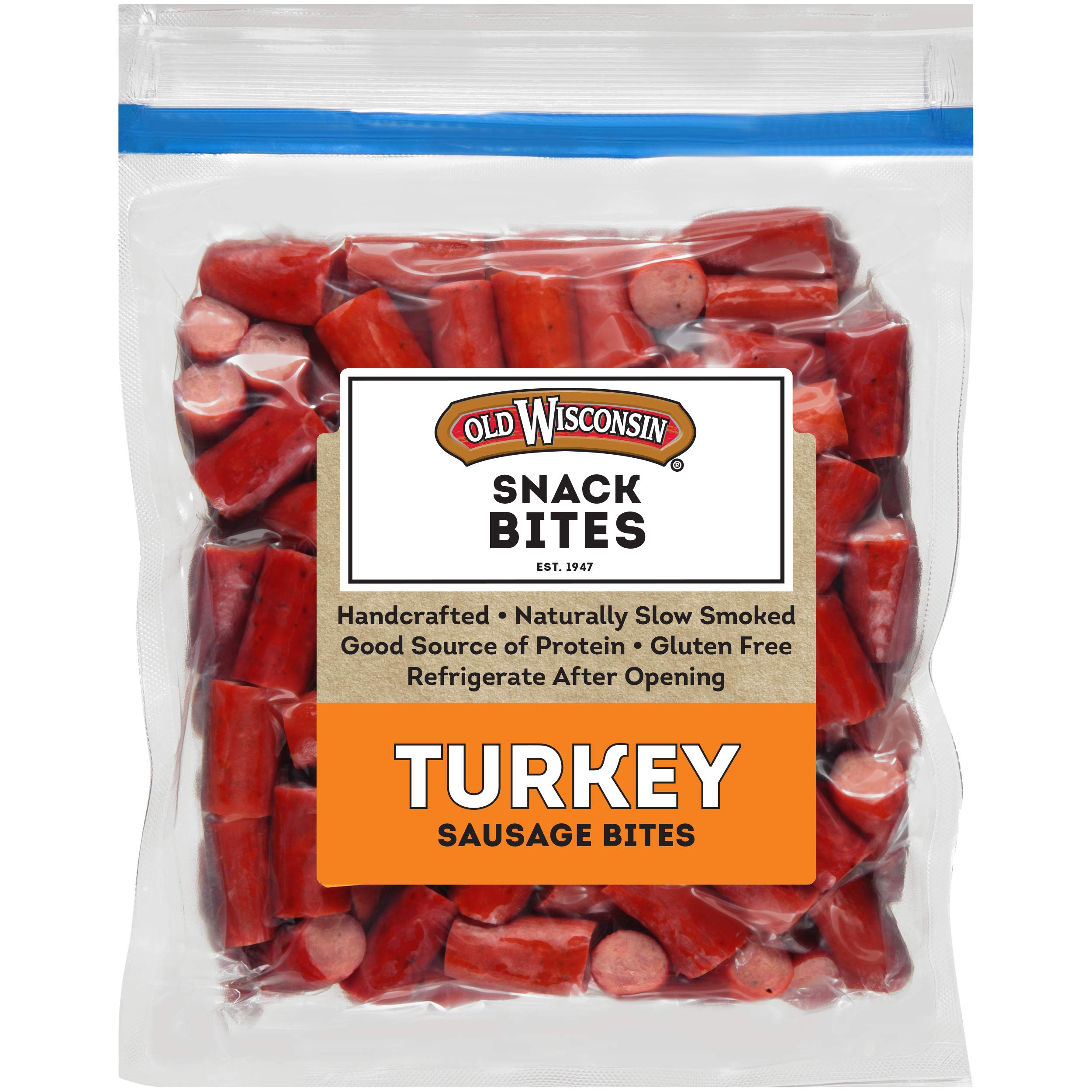 Old Wisconsin Turkey Snack Bites bag front showing bite-sized protein snack.